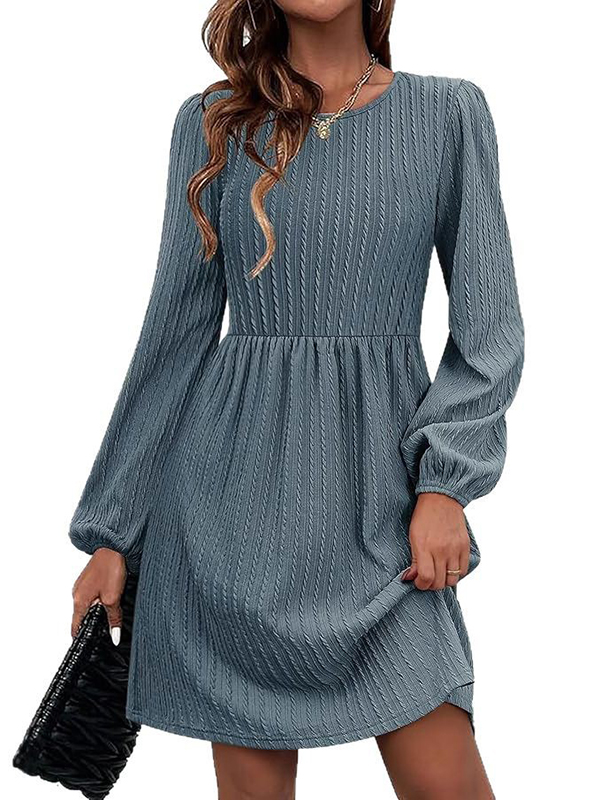 A-Line Long Sleeves Jacquard Solid Color Round-Neck Mini Dresses