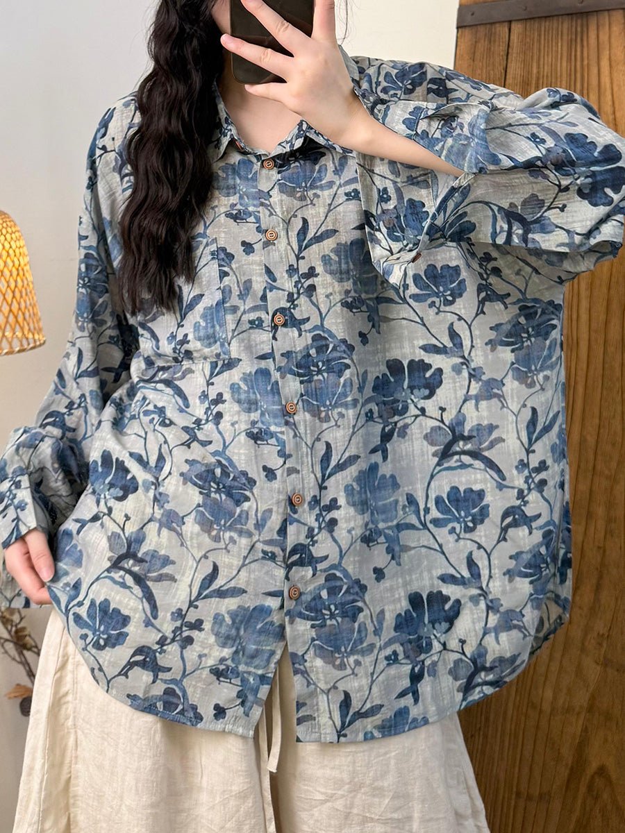 Women Summer Retro Flower Turn-down Collar Linen Shirt