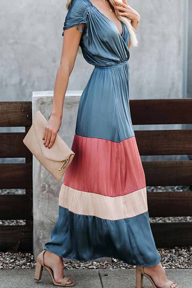 Florcoo Summer Loose Multicolor Stitching V-Neck Short Sleeves Midi Dress