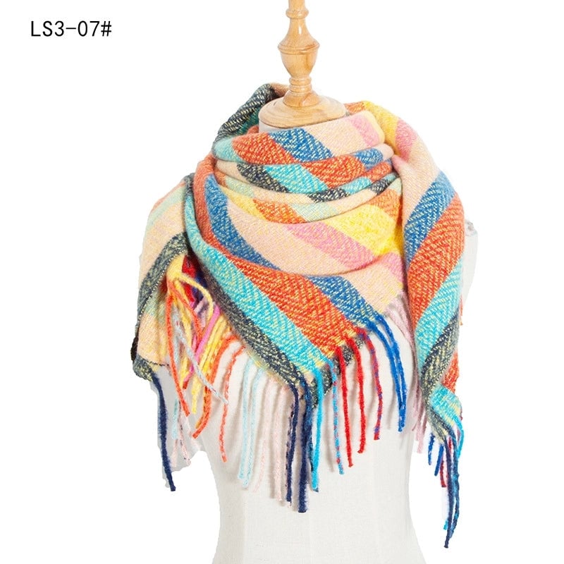 New Circle Yarn Stripe Plaid Polyester Long Tassel Bristle Square Scarf Female Men's Scarf Shawl
