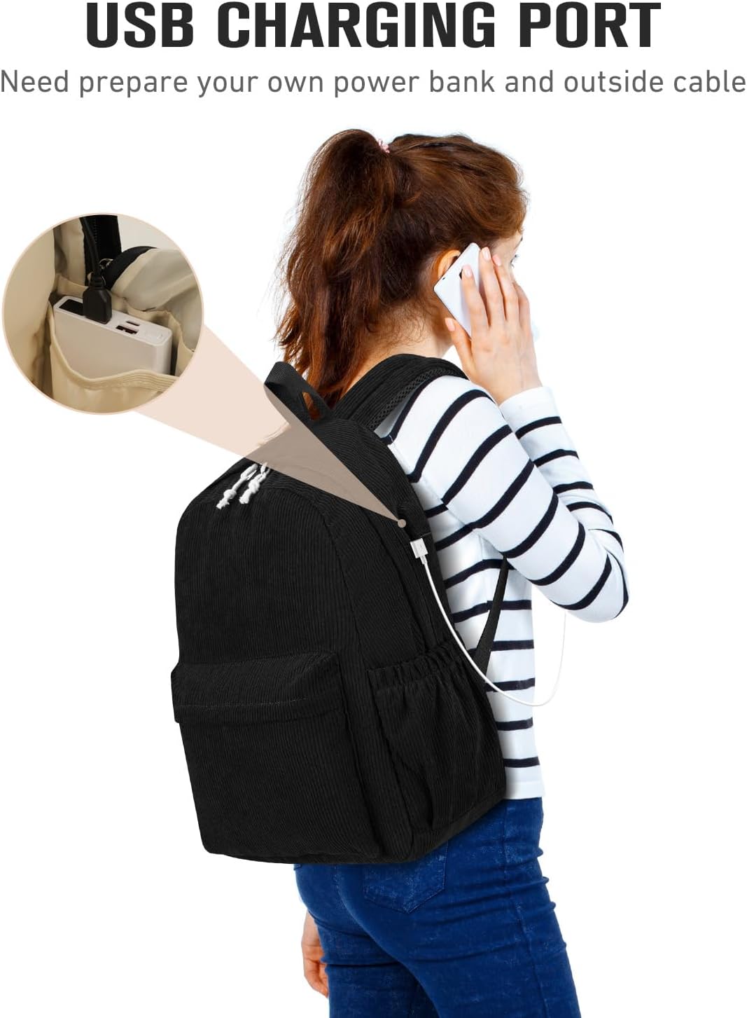 School Backpack for Teens Girls Boys, Large Corduroy College Bookbag Lightweight Backpack Purse for Women Fit for 15.6 Inch Laptop (Beige)
