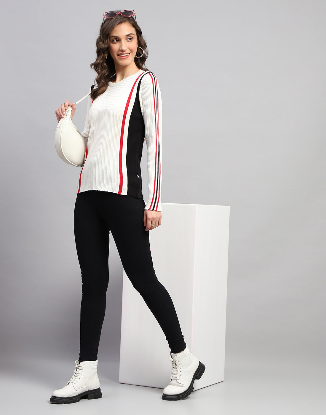 Women White Solid Round Neck Full Sleeve Winter Top