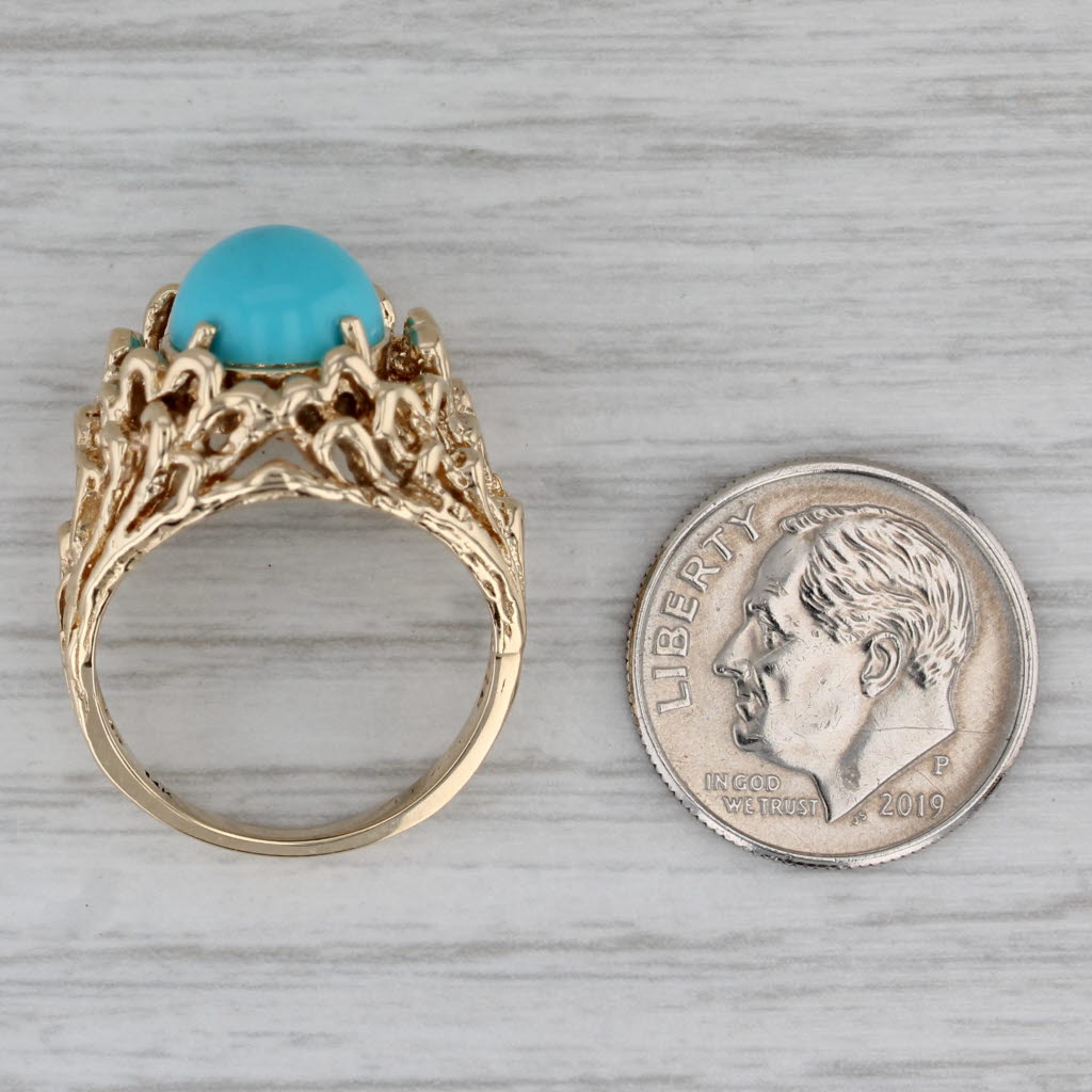 Simulated Turquoise Ring 14k Gold Round Cabochon Size 6.5 Ornate Openwork