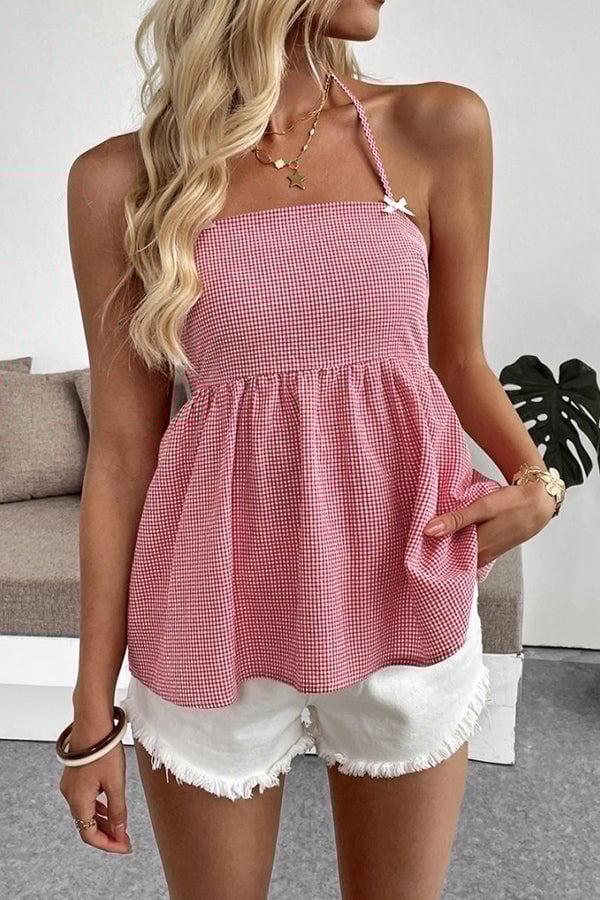 Plaid Print Halter Neck Casual Tops