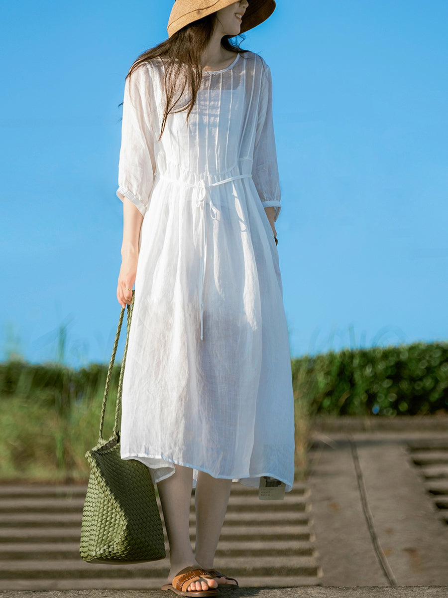 Women Summer Artsy Pure Color O-Neck Shirred 100%Ramie Dress