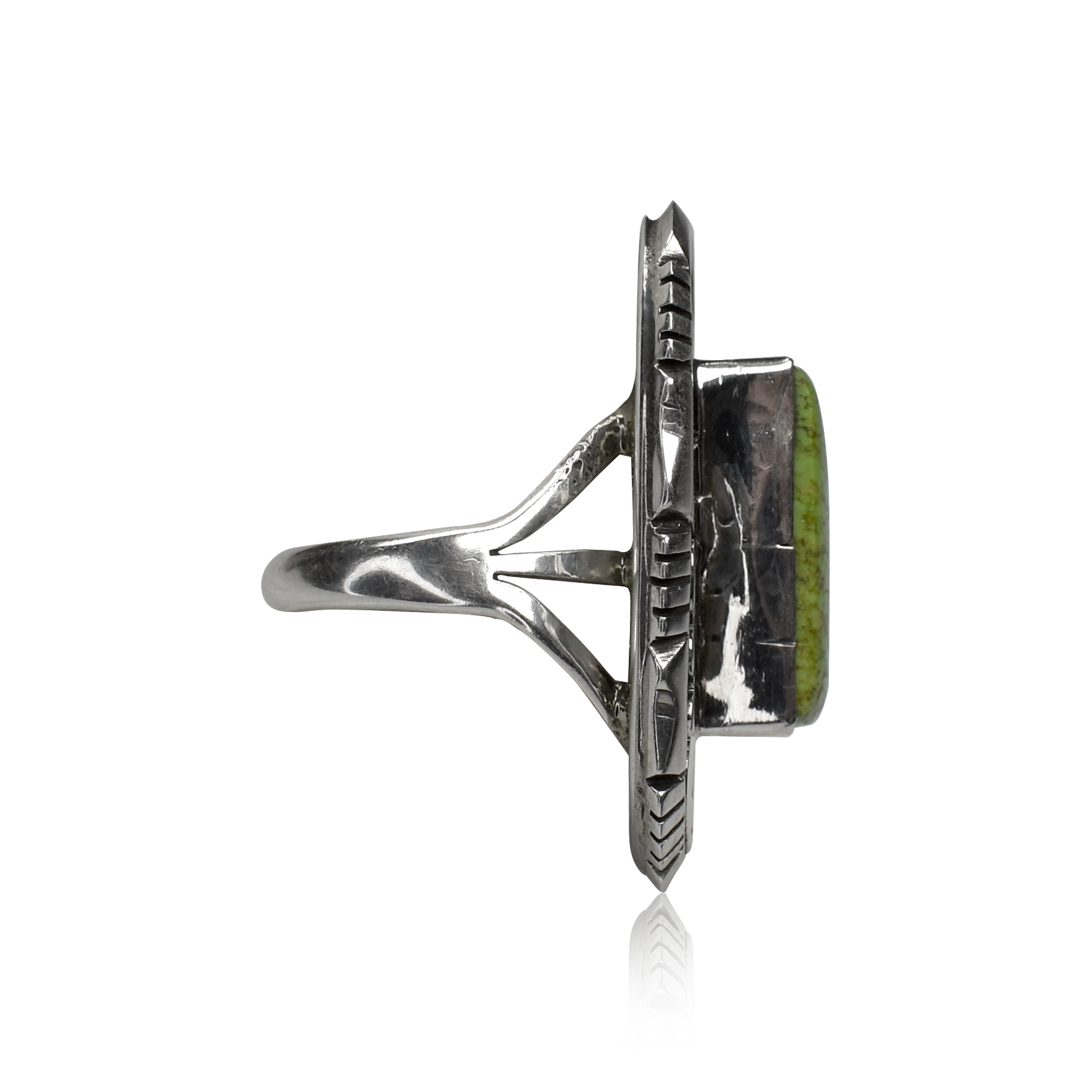 Gaspeite Ring with Hand-Tooled Overlay Setting by Eugene Belone