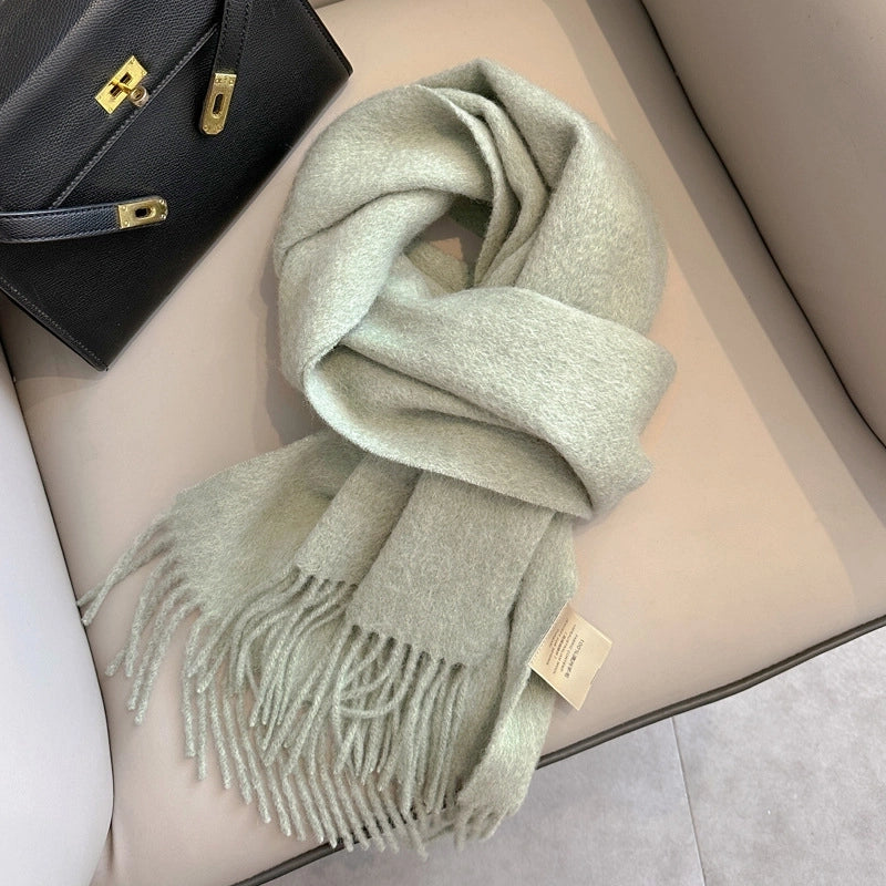 White Pure Wool Scarf Female Winter Student Warm Scarf New Versatile Tassel Narrow Scarf Couple