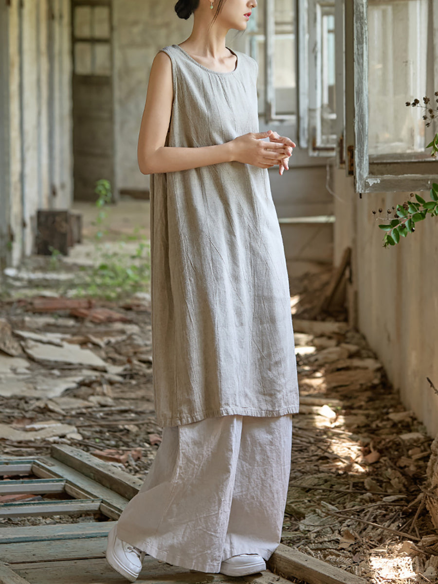 Women Summer Pure Color O-Neck Linen Vest Dress