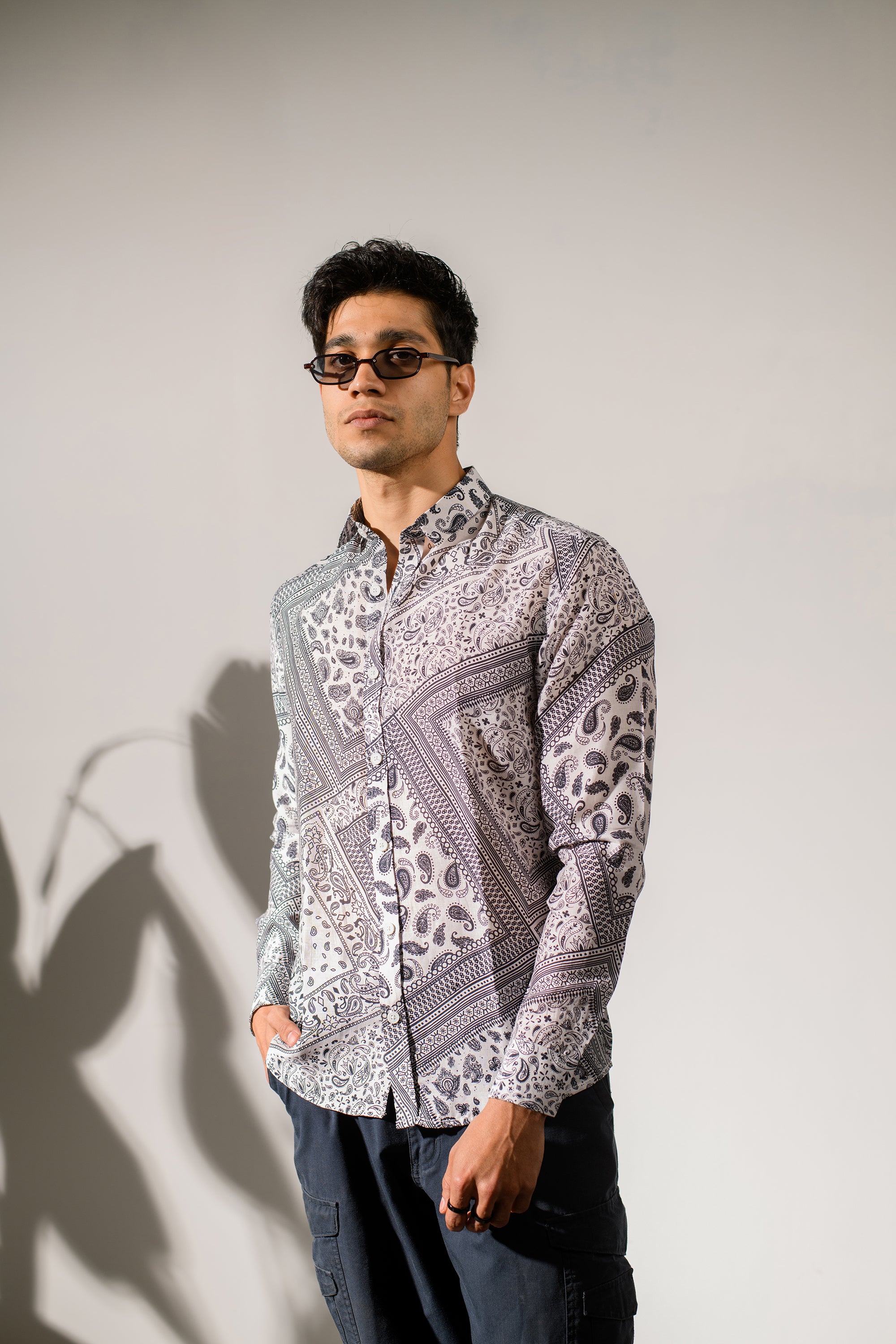 Rustic Boho White Bandana  Silk - Oxford Collar Shirt For Men