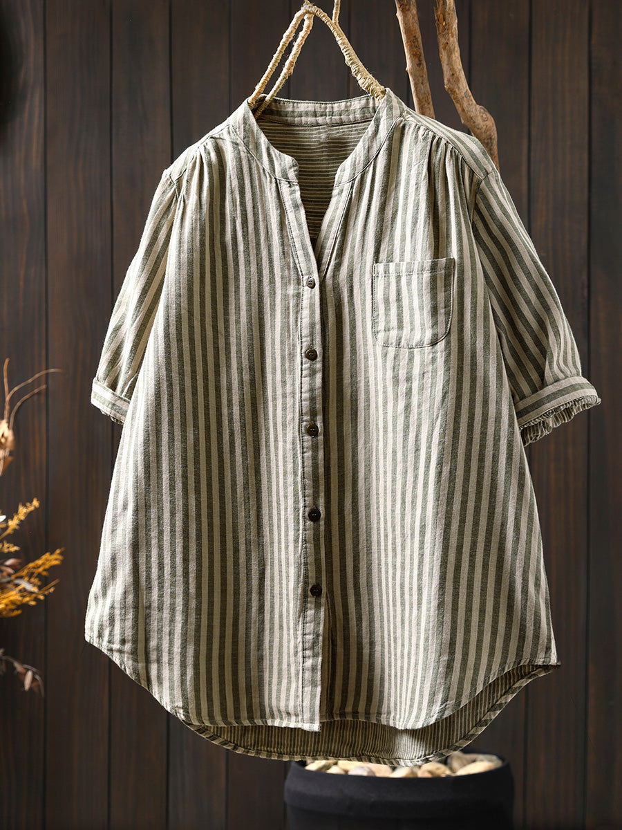 Women Summer Casual Stripe V-Neck 100%Cotton Shirt