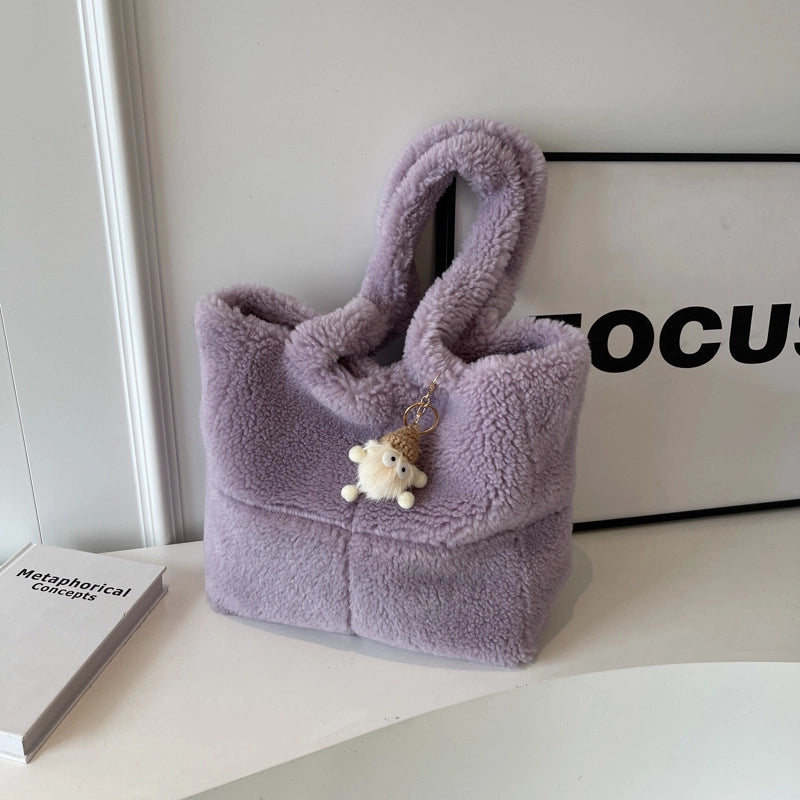 Women's Large Plush Solid Color Streetwear Bucket Magnetic Buckle Tote Bag
