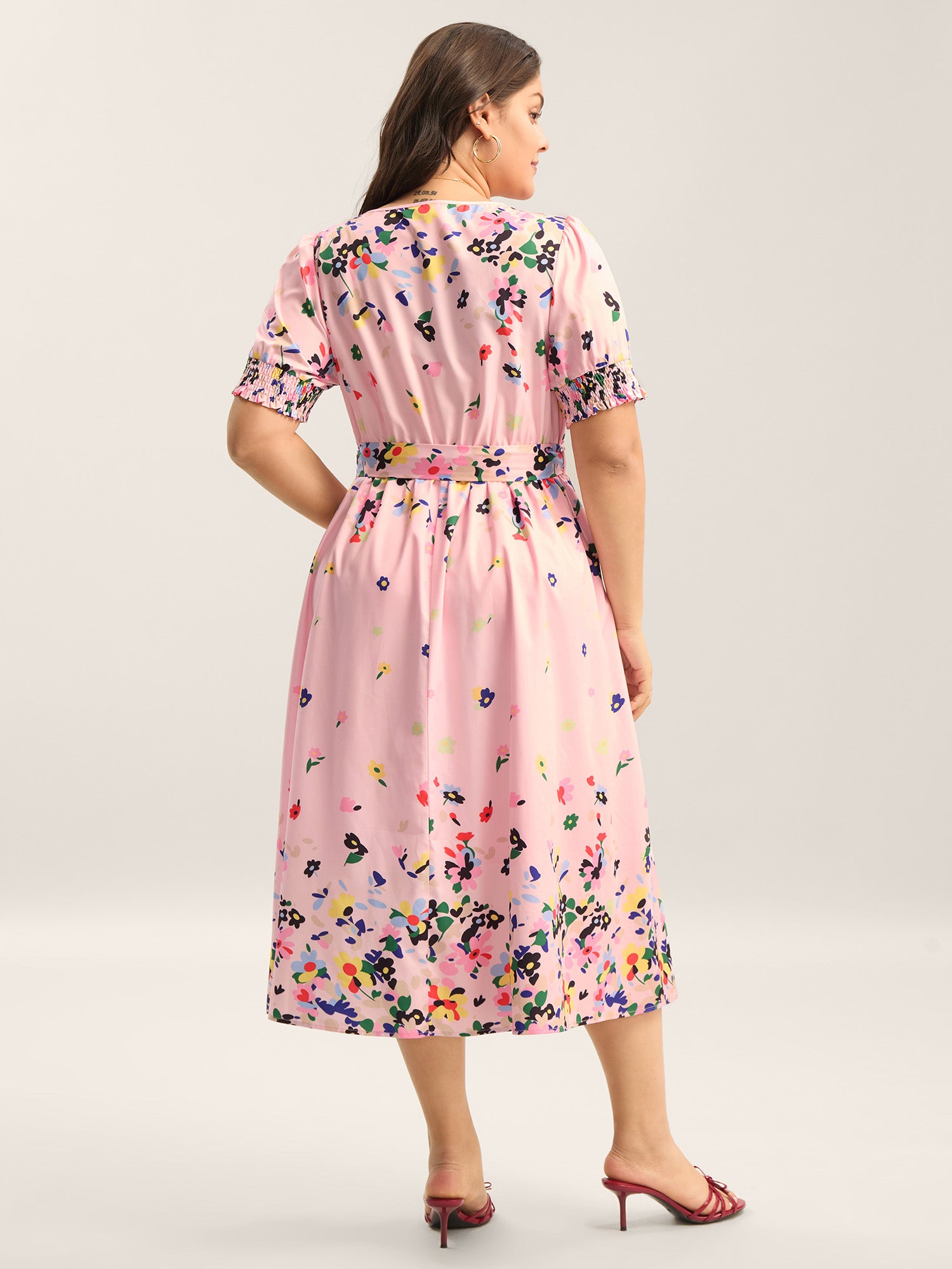 Floral Print Elastic Cuffs Belted Midi Dress