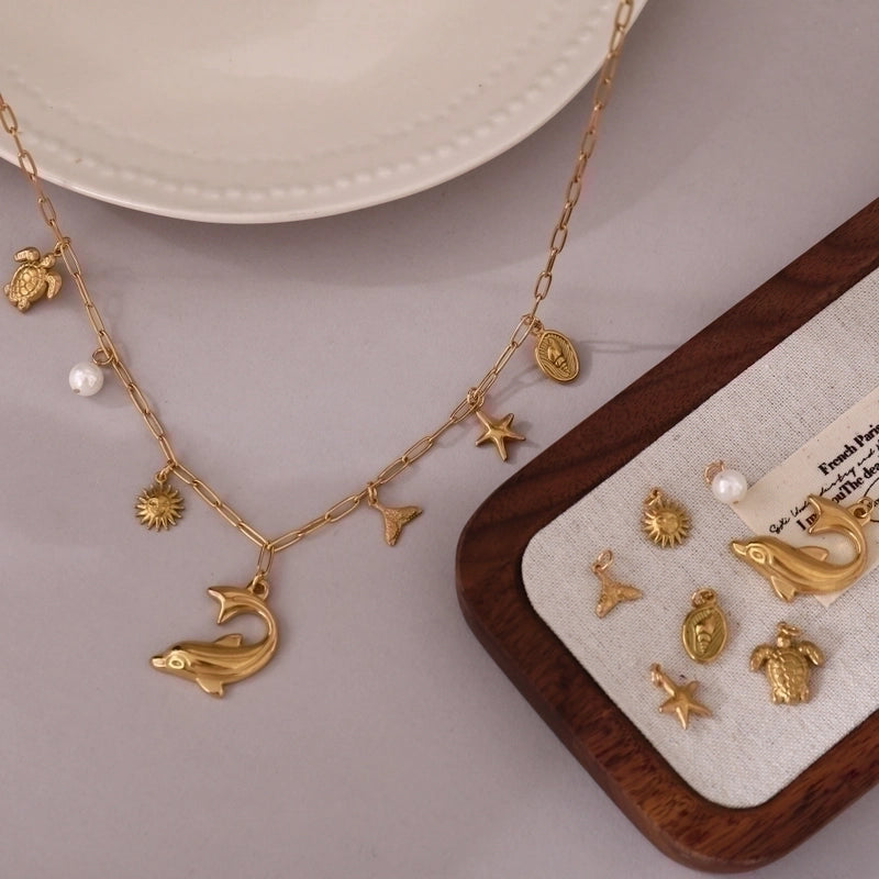 Marine Style Minimalist Starfish Dolphin Shell 201 Stainless Steel 304 Stainless Steel 18K Gold Plated Pendant Necklace