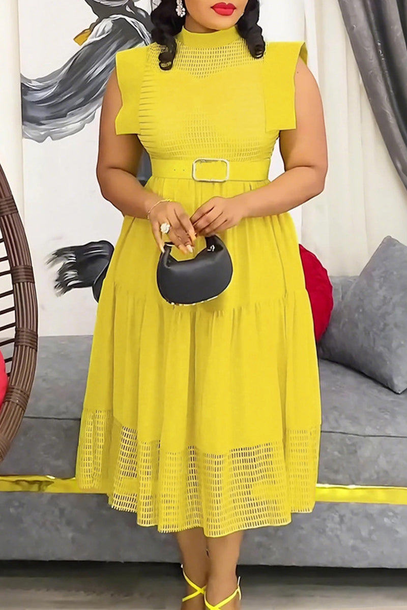 Casual Solid Color With Belt Half A Turtleneck A Line Plus Size Dresses