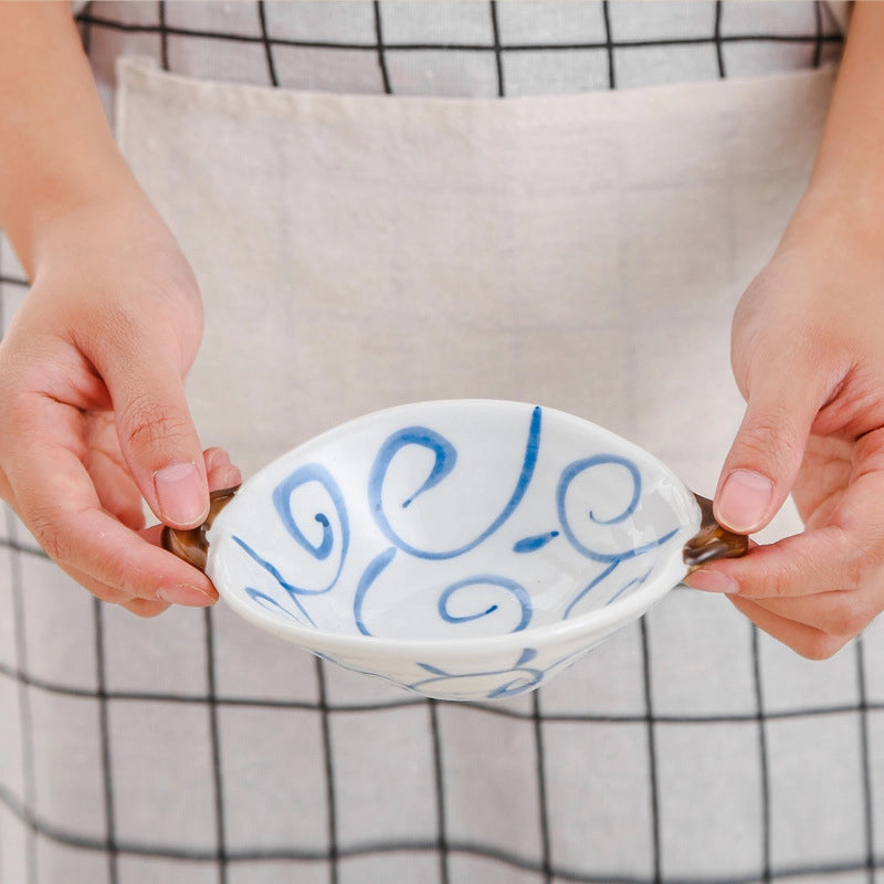 Tableware Ceramic Double Ear Bowl Dipping Snack Bowl Salad Bowl Fruit Plate Household Small Bowl With Handle Seasoning Bowl Dish Anti-scald