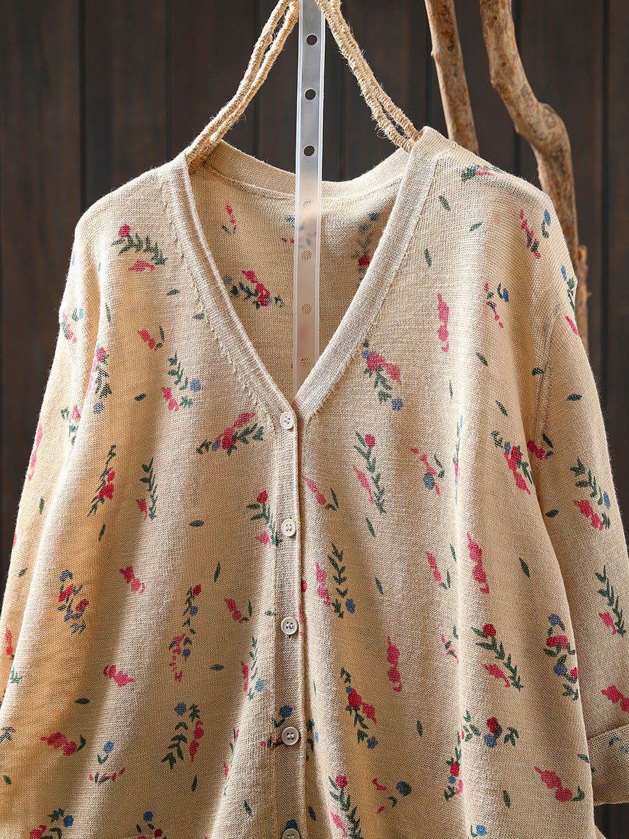 Women Summer Artsy Floral Knitted V-Neck Cotton Shirt