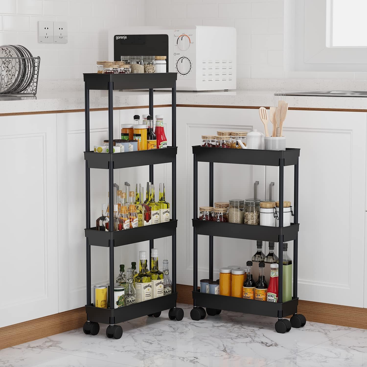 4 Tier Slim Storage Cart. Rolling Storage Cart. Narrow Shelf For Kitchen. Bathroom. Laundry Room (Black)