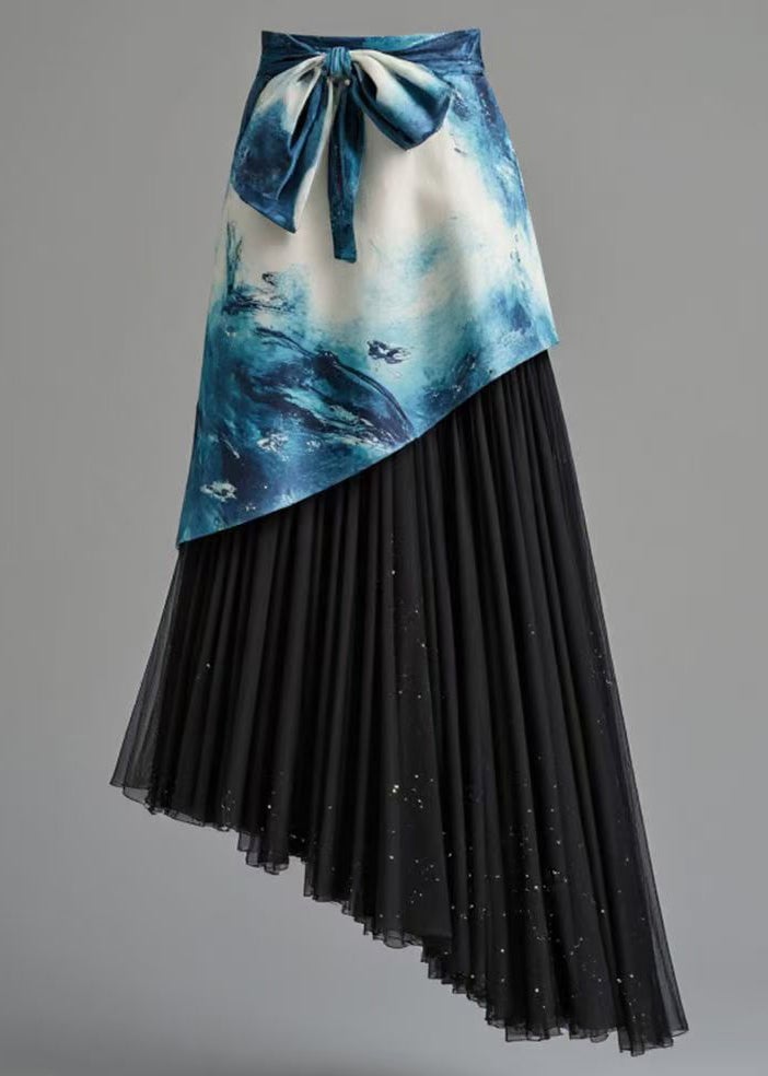 Boutique Blue Asymmetrical Print Wrinkled Patchwork Skirt Summer
