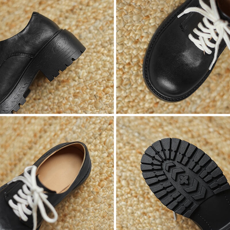 50mm Heel Vintage Waxed Cow Leather Chunky Oxford Shoes in Black/Brown