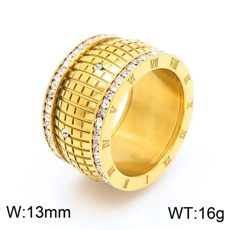 Lady Roman Numeral Titanium Steel Rhinestones 18K Gold Plated Inlay Rings