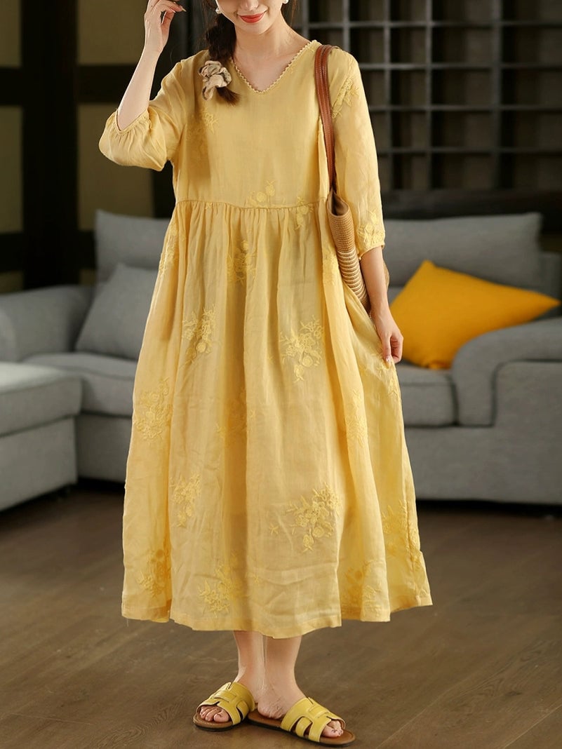 Women Summer Artsy Embroidery O-Neck 100%Ramie Dress