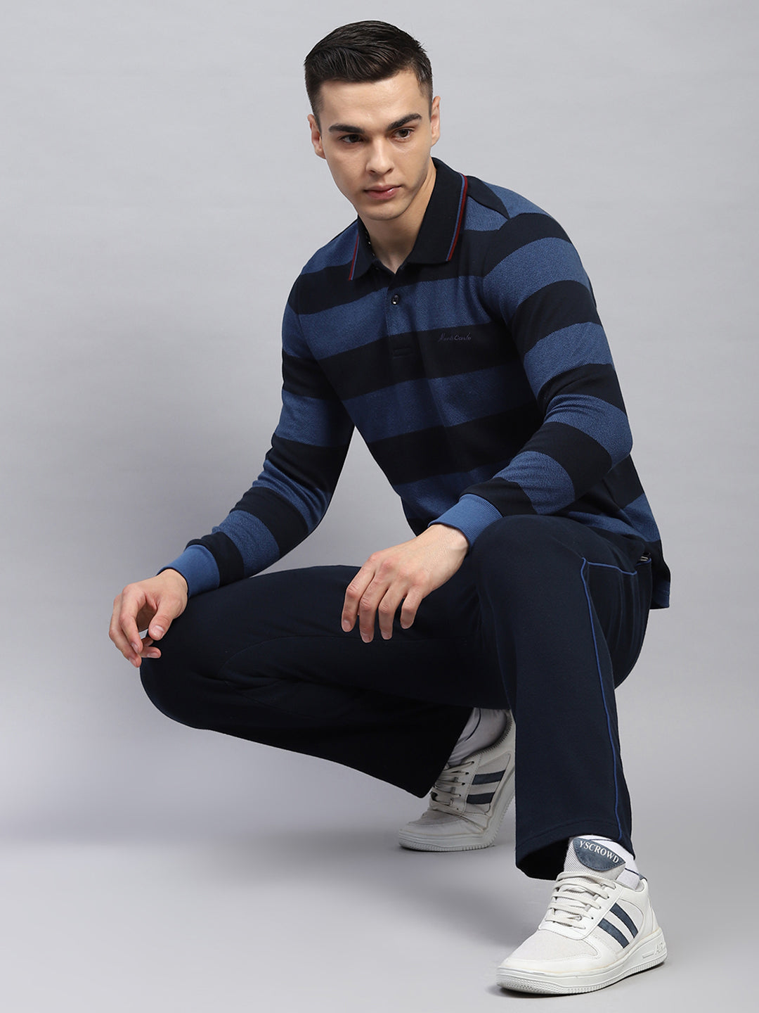 Men Navy Blue Stripe Collar Full Sleeve Winter Tracksuit