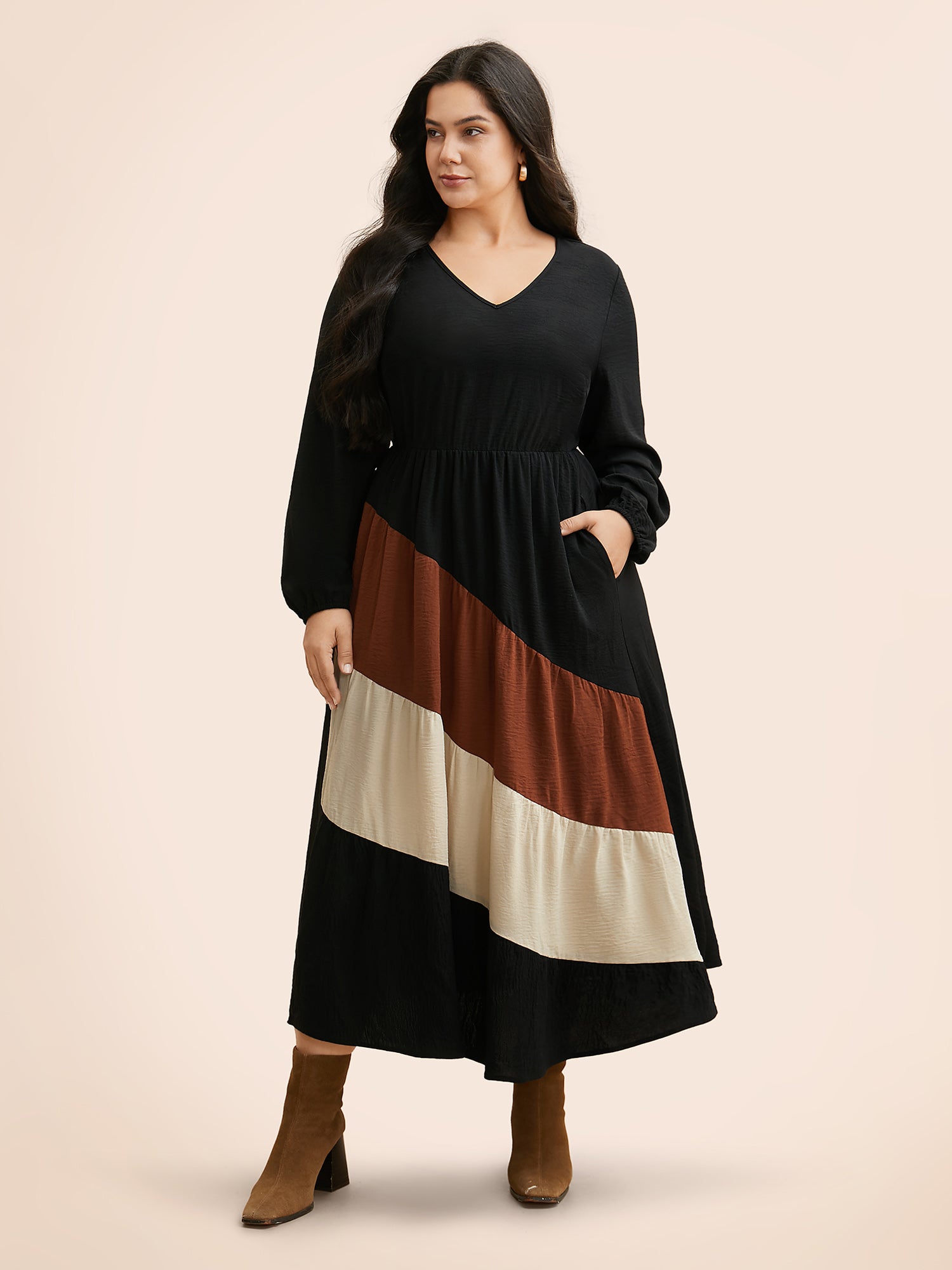 Colorblock Contrast Gathered Lantern Sleeve Dress