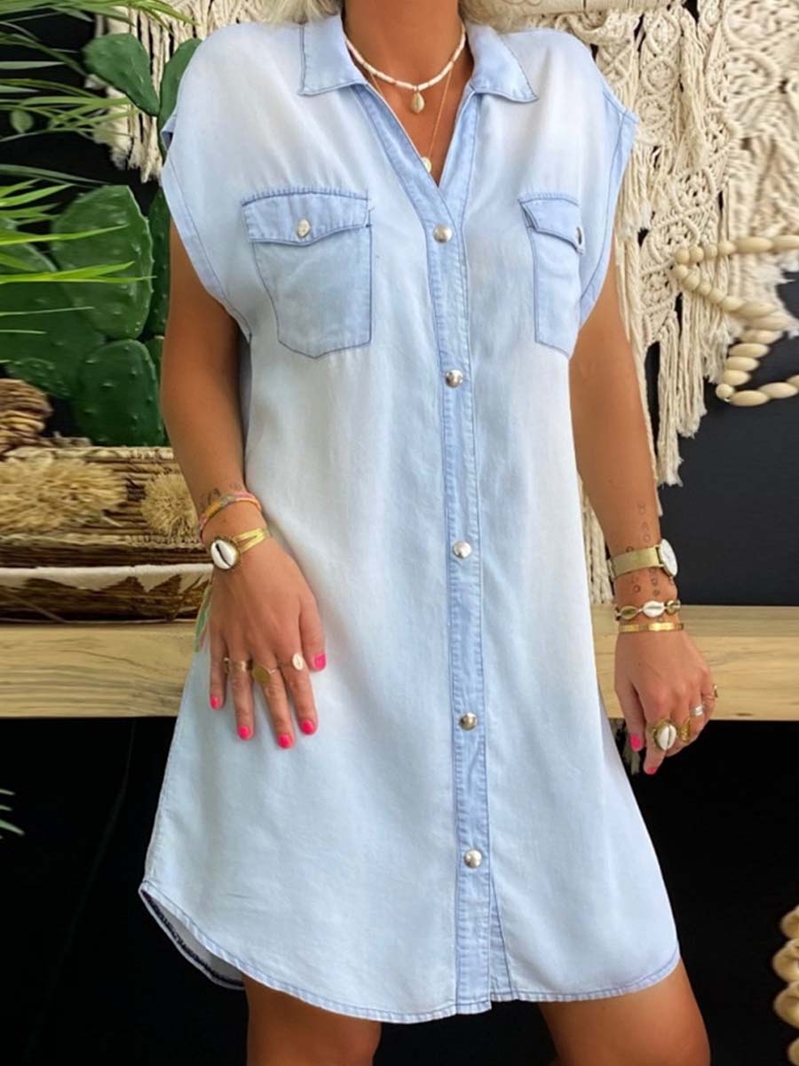 Sleeveless Buttoned Shirt Denim Dress