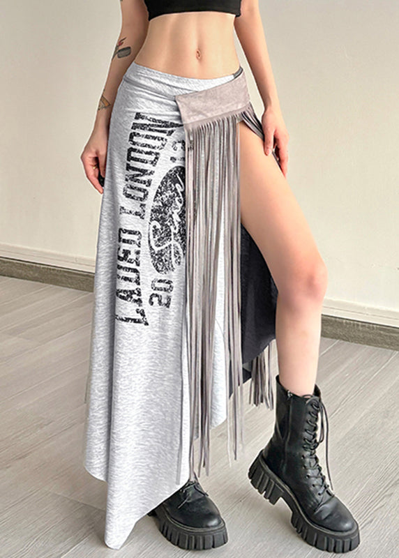 Casual Grey Asymmetrical Graphic Wrinkled Tassel Maxi Skirts Summer