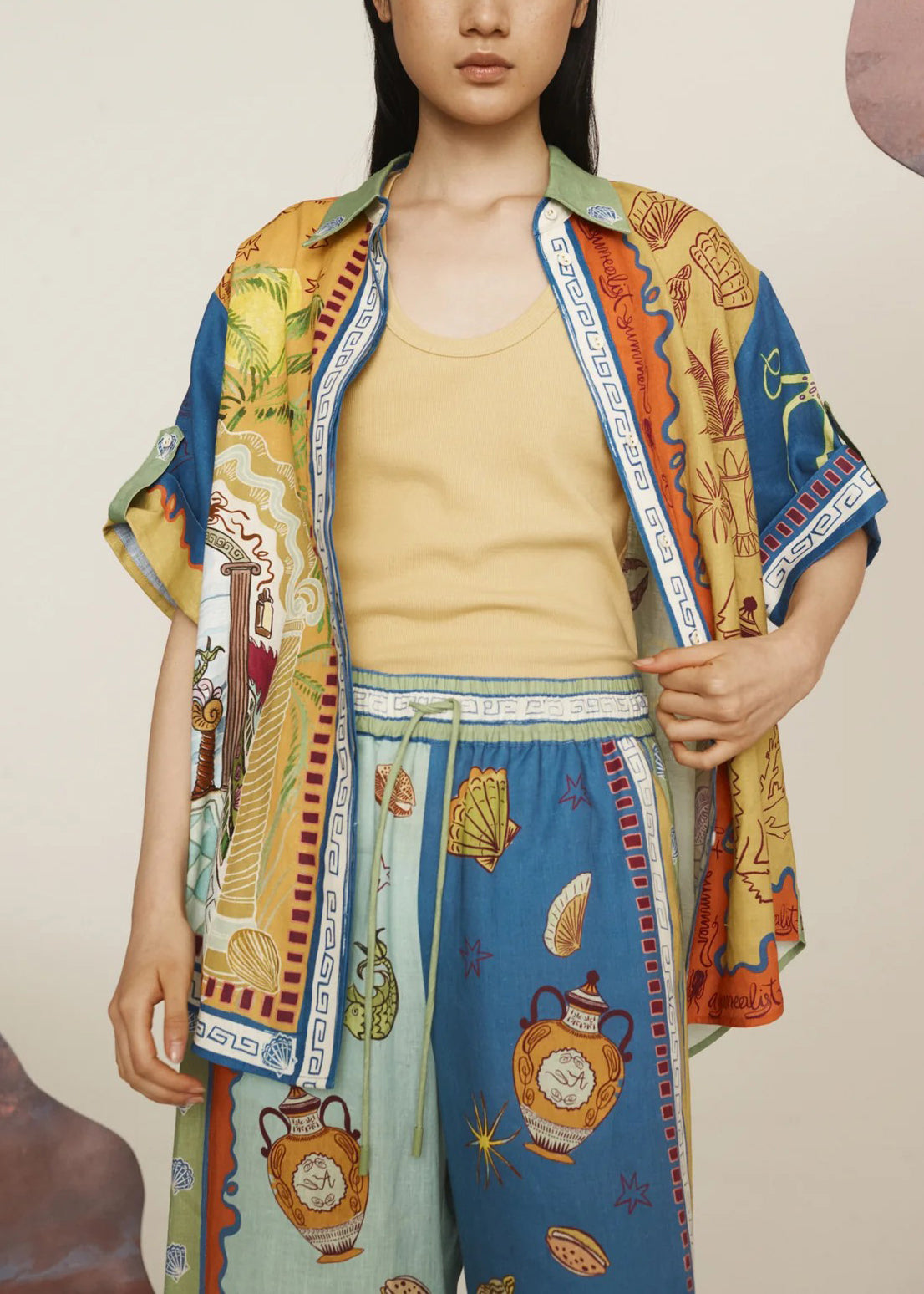 Bohemian Print Elastic Waist Shirts And Wide Leg Pants Two Pieces Set Short Sleeve