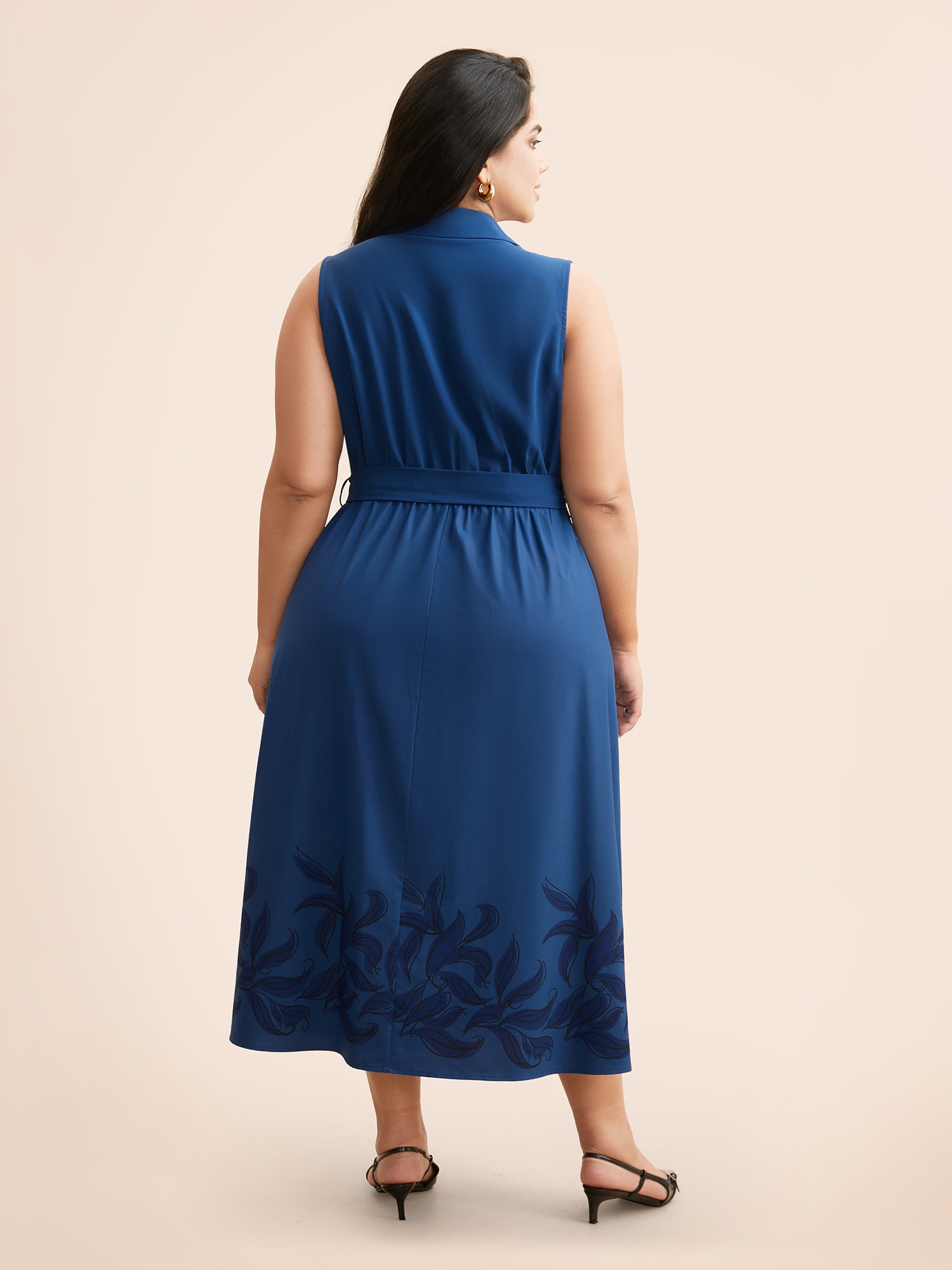 Suit Collar Floral Belted Sleeveless Dress