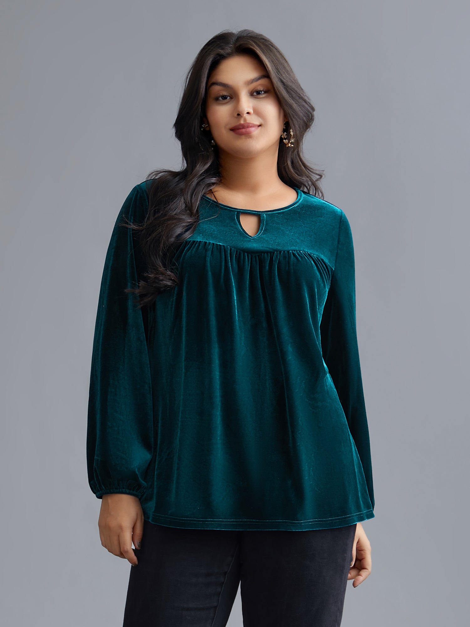 Plain Hollow Out Gathered Velvet Blouse