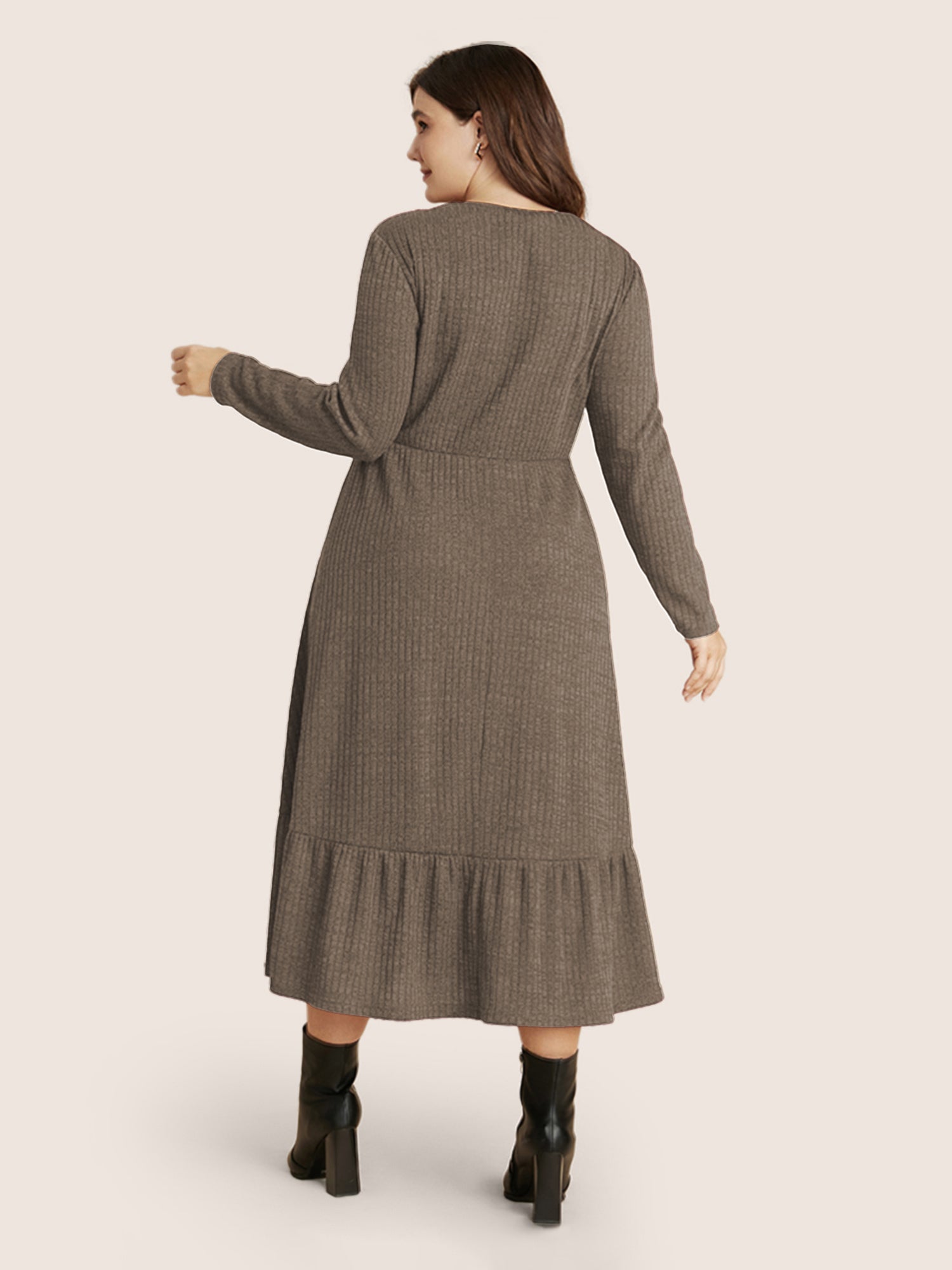 Solid Pocket Rib Knit Ruffle Hem Dress Without Belt