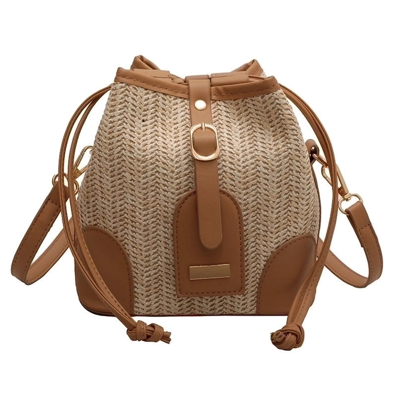 Women's Medium Pu Leather Straw Color Block Streetwear Bucket String Crossbody Bag