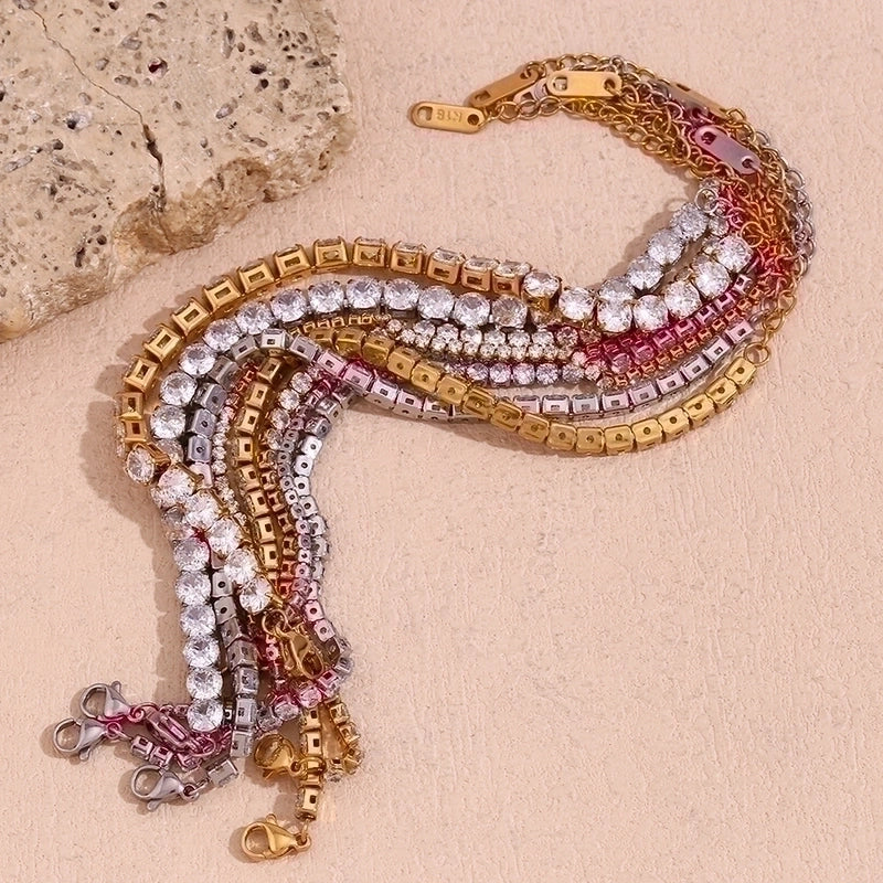 Basic Minimalist Classic Style Solid Color 304 Stainless Steel 18K Gold Plated Rhinestones Tennis Bracelet In Bulk