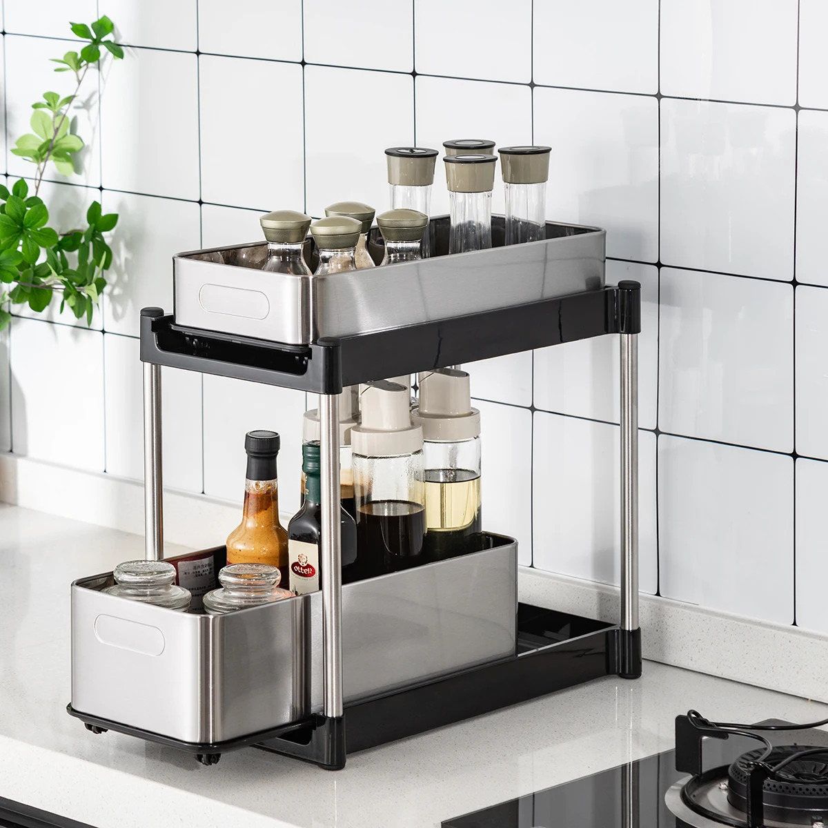 household under sink cabinet double tier stainless steel organizer pull out multifunction kitchen organizer rack