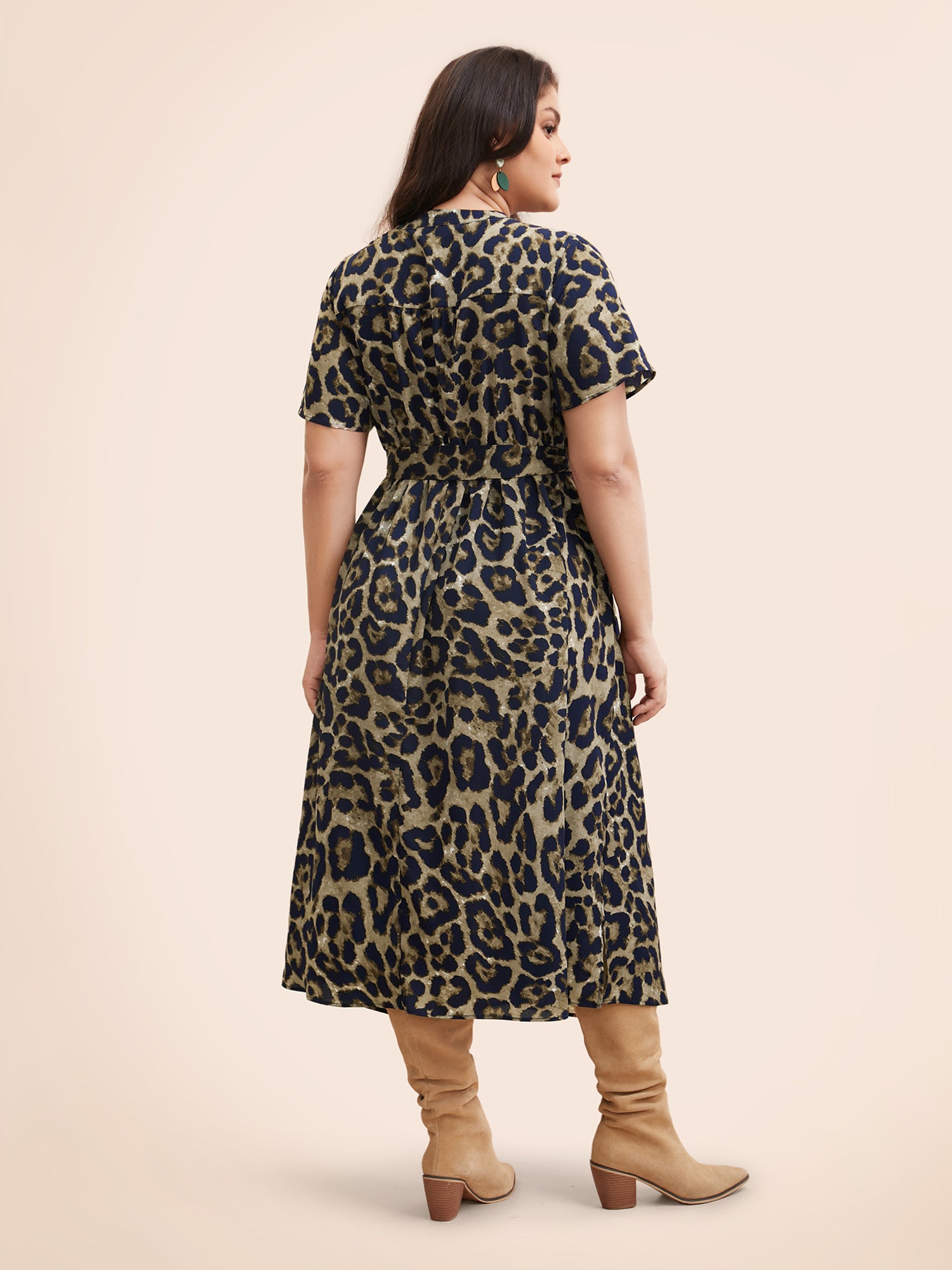 Leopard Print Slit Hem Belted Dress