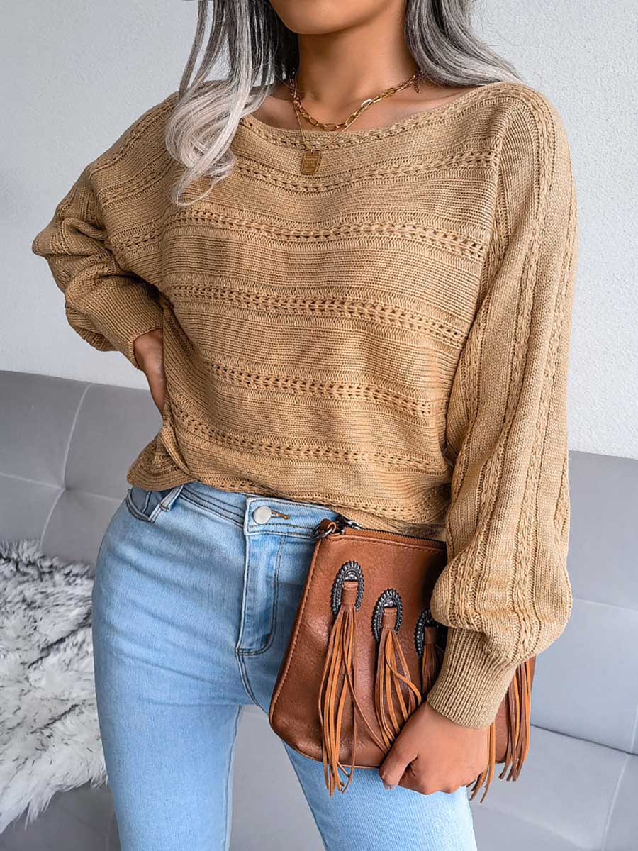 Casual Pierced Patchwork Off the Shoulder Sweater(3 Colors)