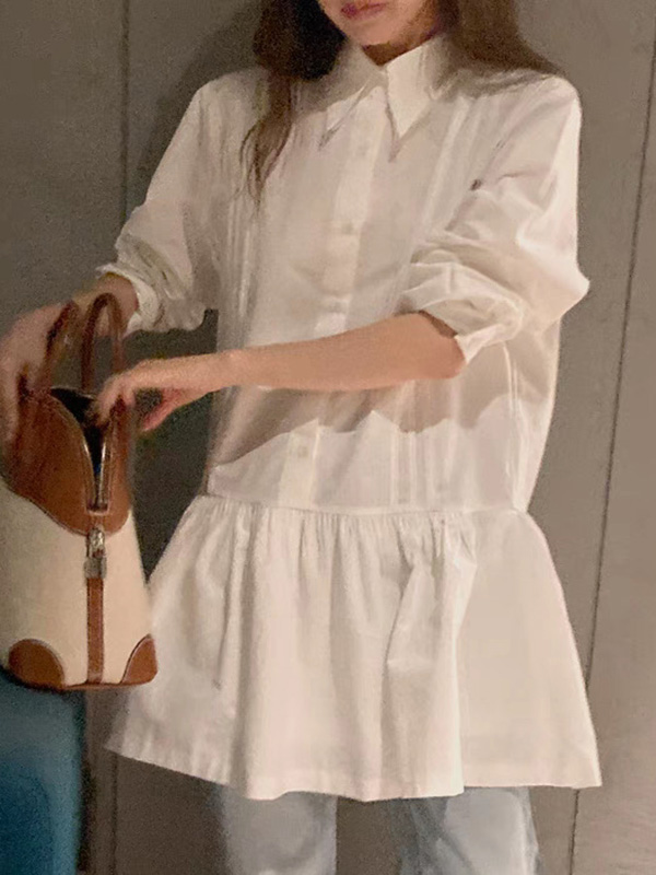A-Line Long Sleeves Buttoned Pleated Solid Color Lapel Mini Dresses Shirt Dress