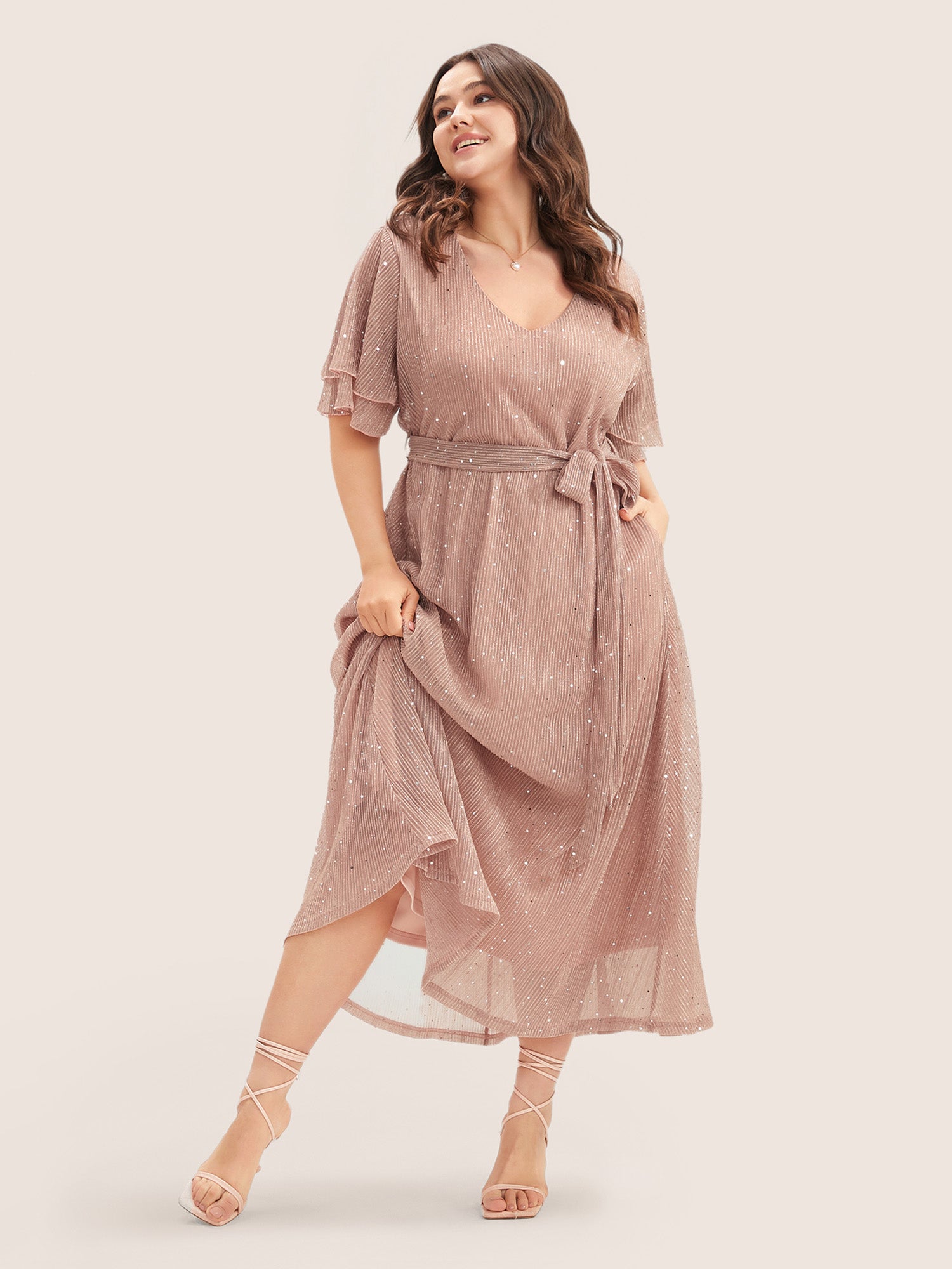 Plain V Neck Mesh Pocket Ruffle Tiered Belted Midi Dress