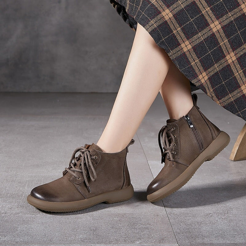 Women's Leather Booties Round Toe Lace-Up Ankle Boots in Grey/Coffee