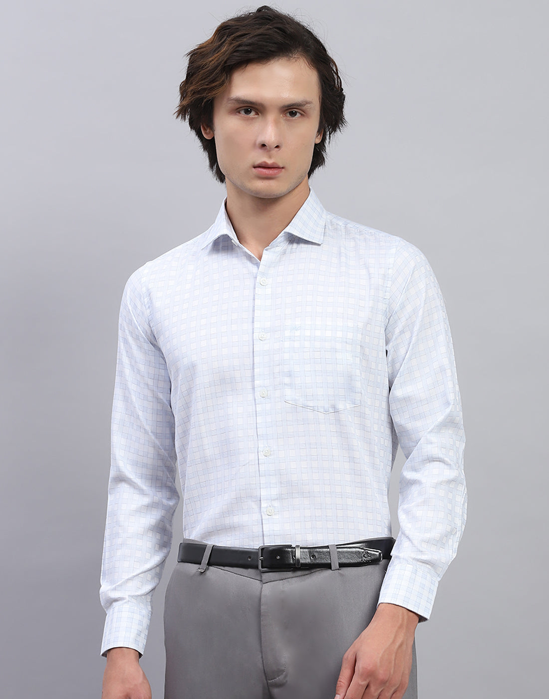 Men Sky Blue Check Collar Full Sleeve Shirt