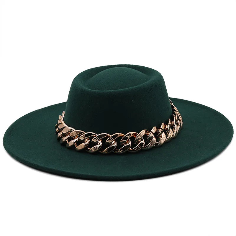 New Retro Ethnic Style 9.5 Brim Wool Woolen Felt Hat Concave Top Men's And Women's Top Hat Large Brim Thick Gold Chain Hat