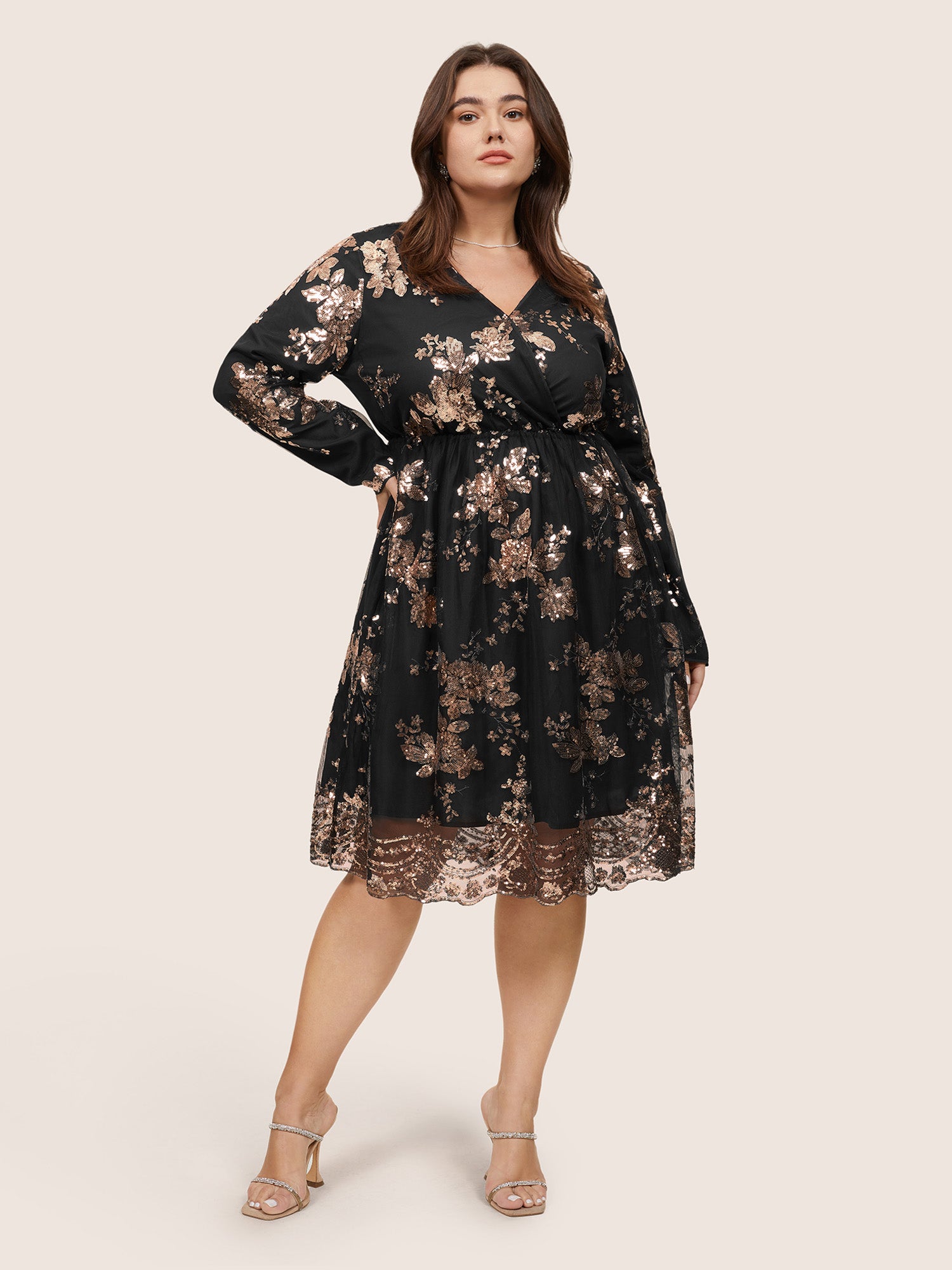 Floral Sequin Elastic Waist Mesh Wrap Dress