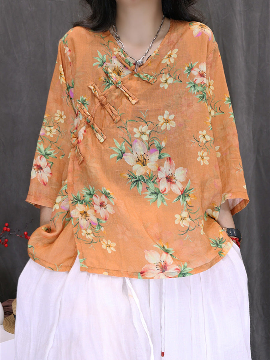 Women Summer Ethnic Flower 100%Ramie V-Neck Shirt