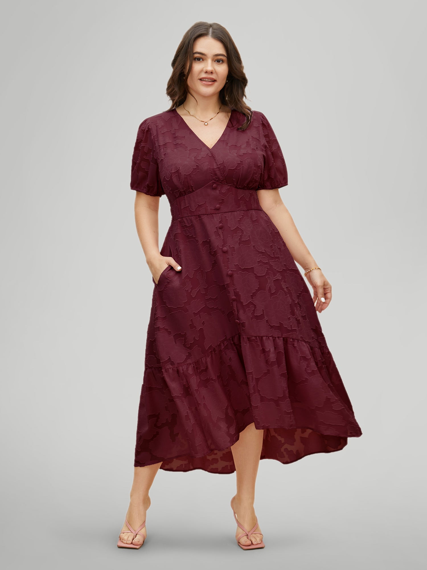 Solid Textured Lantern Sleeve Button Detail Dress