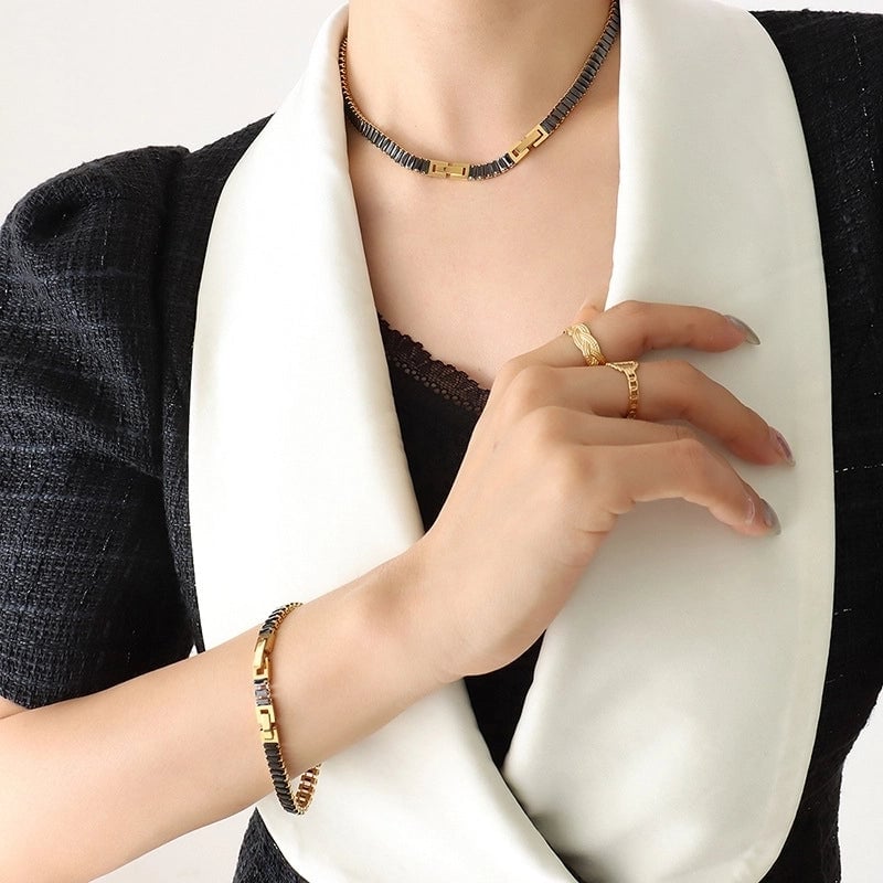 Geometric Titanium Steel Splicing Zircon Bracelets Necklace
