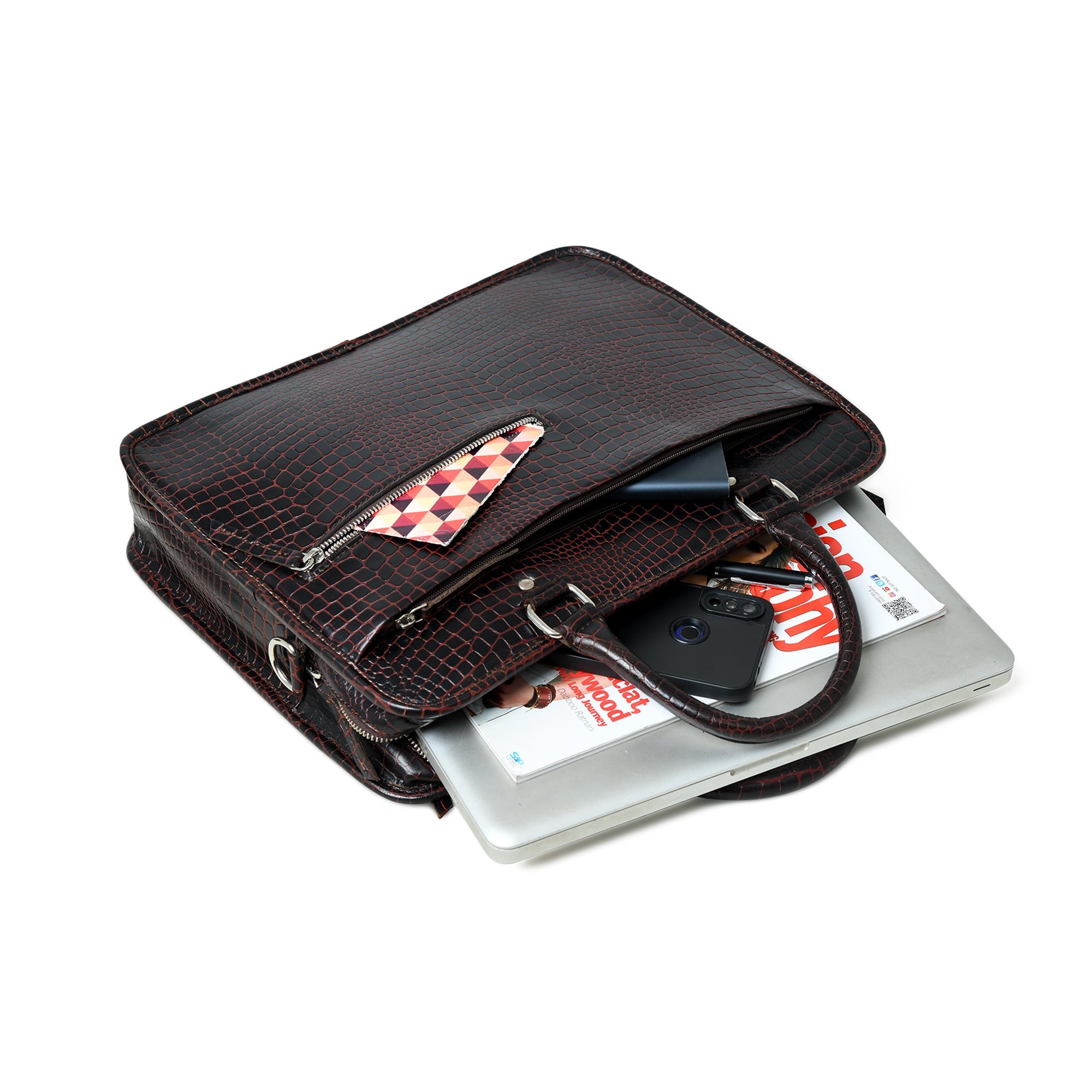 Croco Leather Computer Bag. Dark Brown