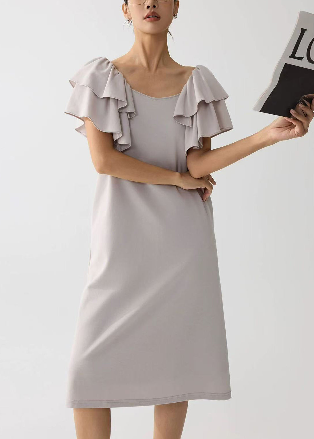 Women Apricot Cotton Work Straight Dress Butterfly Sleeve