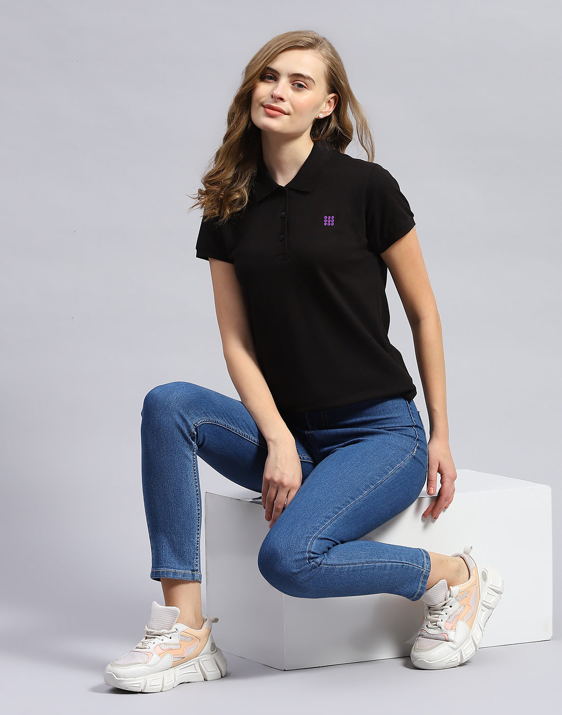 Women Black Solid Polo Collar Half Sleeve T-Shirt